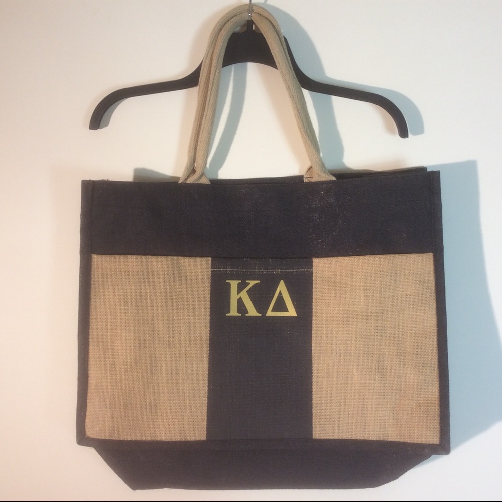 KD Kappa Delta Sorority 100% Jute Brown Black Large Boxy Tote Double Handle Bag